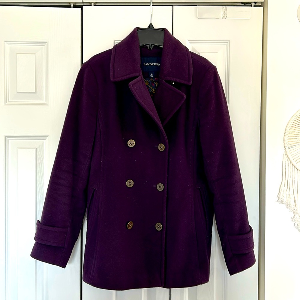 Women’s Lands’ End deep purple wool peacoat, size 12